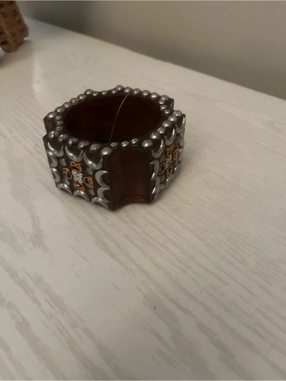 Decorative Brown Wood Cuff Bracelet with silver half moons and decorative flower